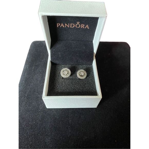 Authentic Pandora circle stud cubic zirconia sterling, silver spin earrings  - Picture 2 of 3